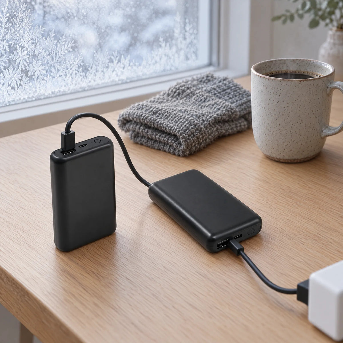 Zwei Socken-Akkus laden morgens per USB auf dem Küchentisch