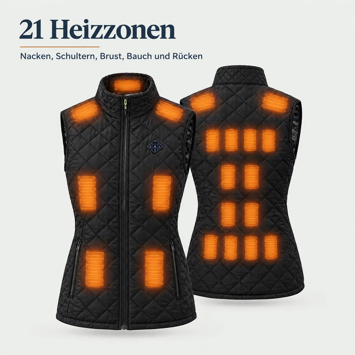 21 Heizzonen der beheizten Damenweste: Nacken, Schultern, Brust, Bauch und Rücken