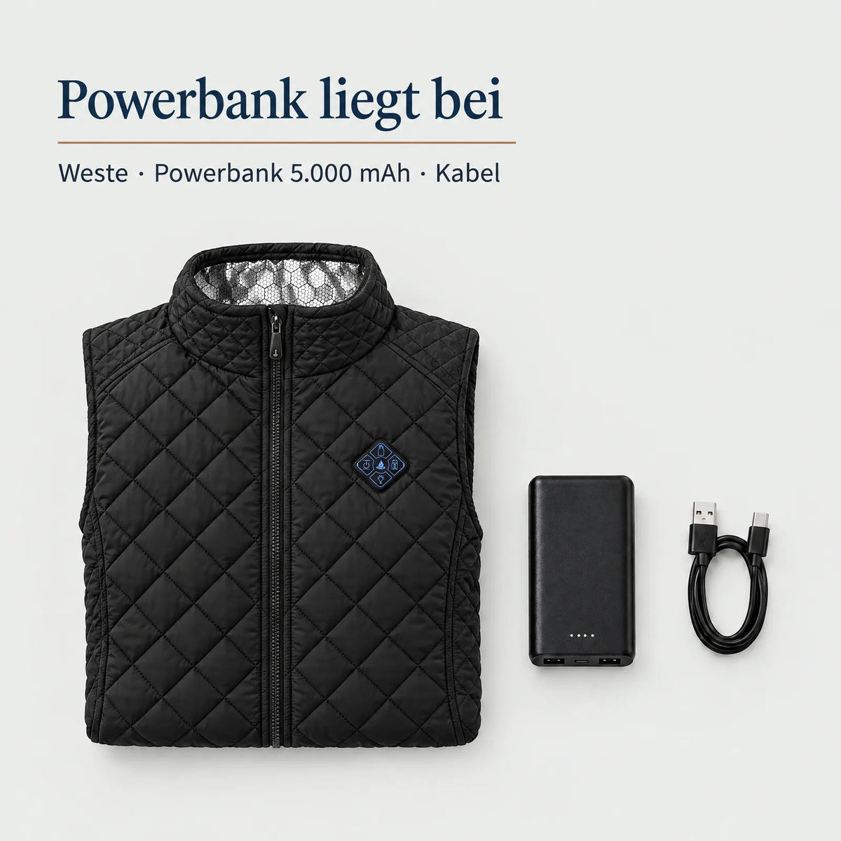 Lieferumfang: beheizte Damenweste, Powerbank 5.000 mAh und Kabel