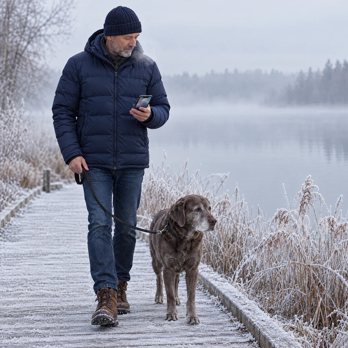 Mann mit Hund am frostigen Seeufer stellt die Temperatur der Sohlen am Handy ein