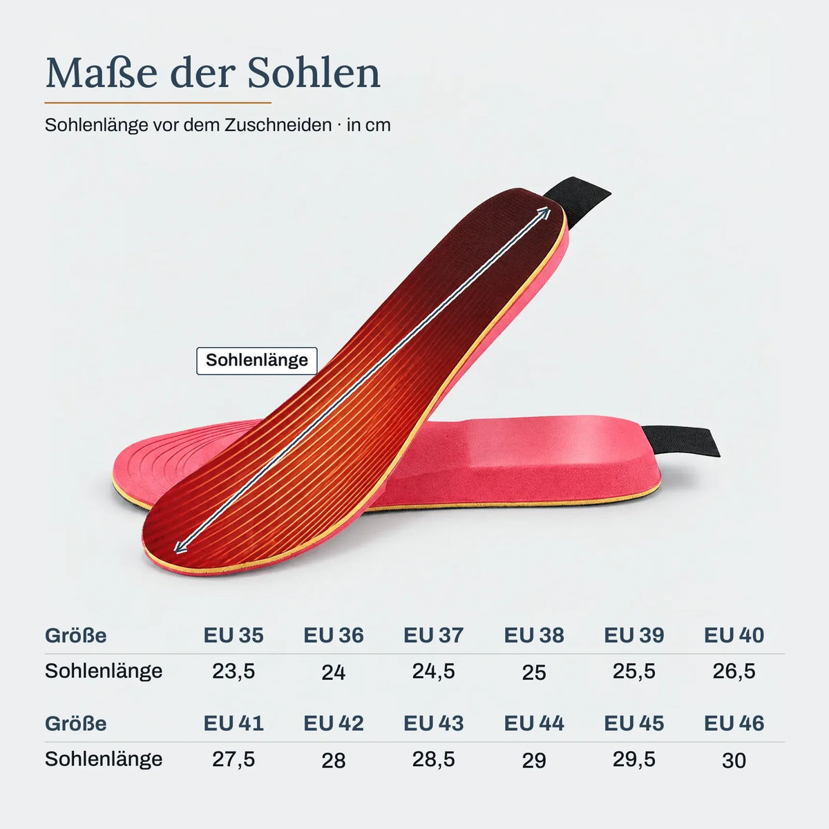 Maße der Sohlen – Beheizte Einlegesohlen mit App-Steuerung