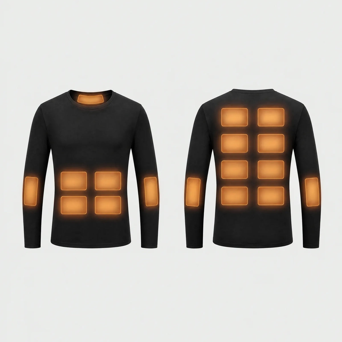 Heizflächen des Thermo-Oberteils an Kragen, Bauch, Unterarmen und Rücken