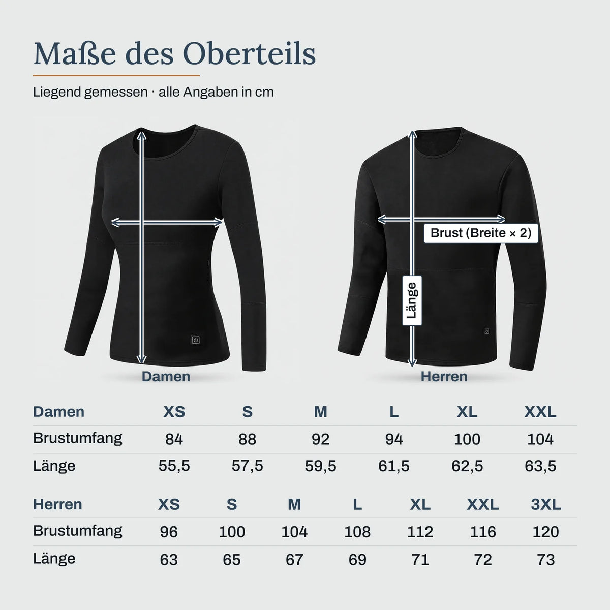 Maße des Oberteils – Beheiztes Thermo-Oberteil für Damen und Herren