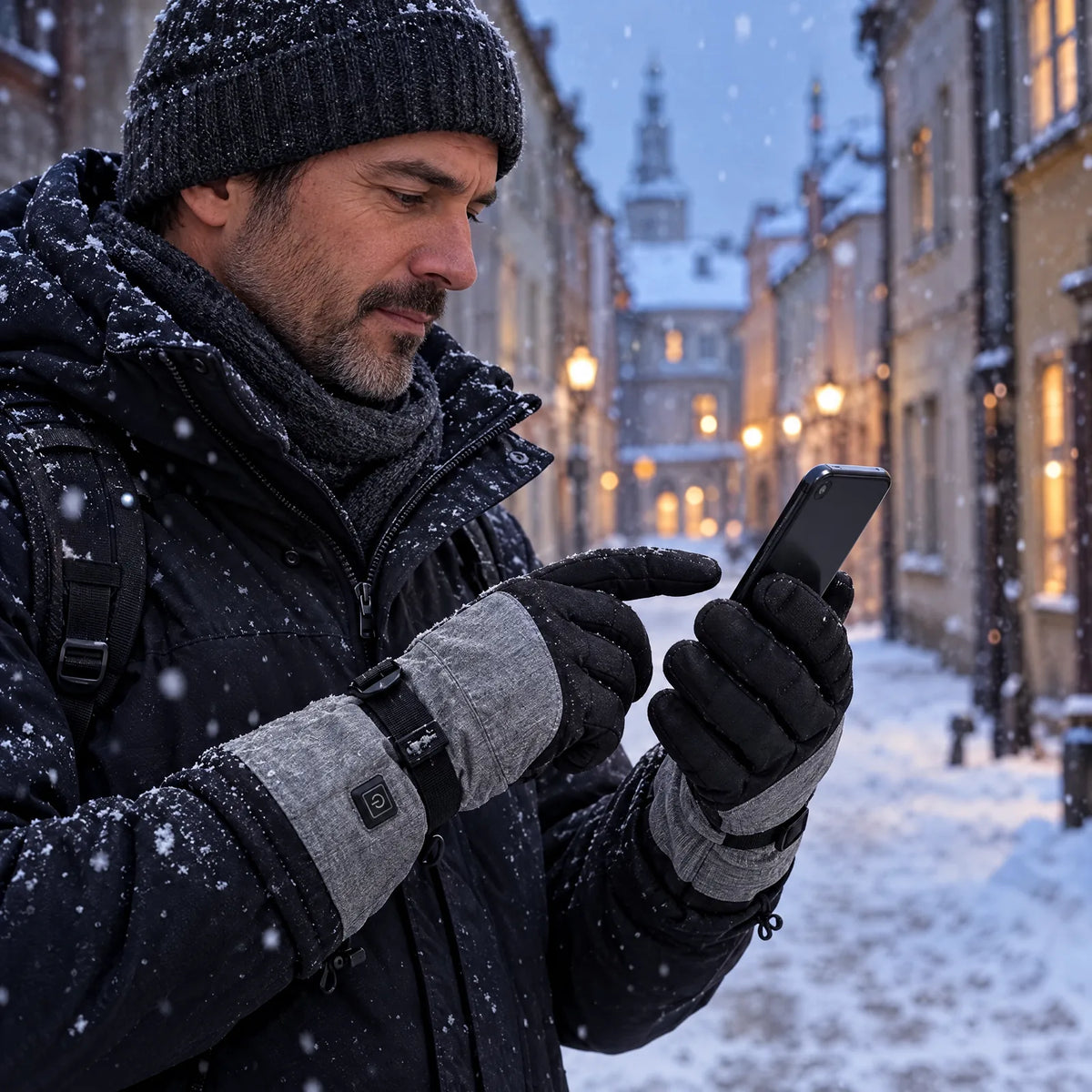 Mann bedient sein Handy mit den grauen beheizten Winterhandschuhen in einer verschneiten Altstadtgasse