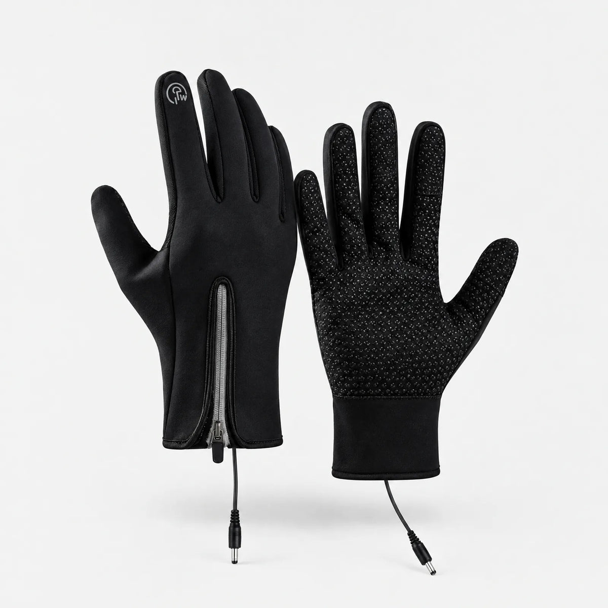 Alpenwarm beheizte Touch-Handschuhe als Paar: Rückseite mit Reißverschluss und Handfläche mit Silikon-Griff