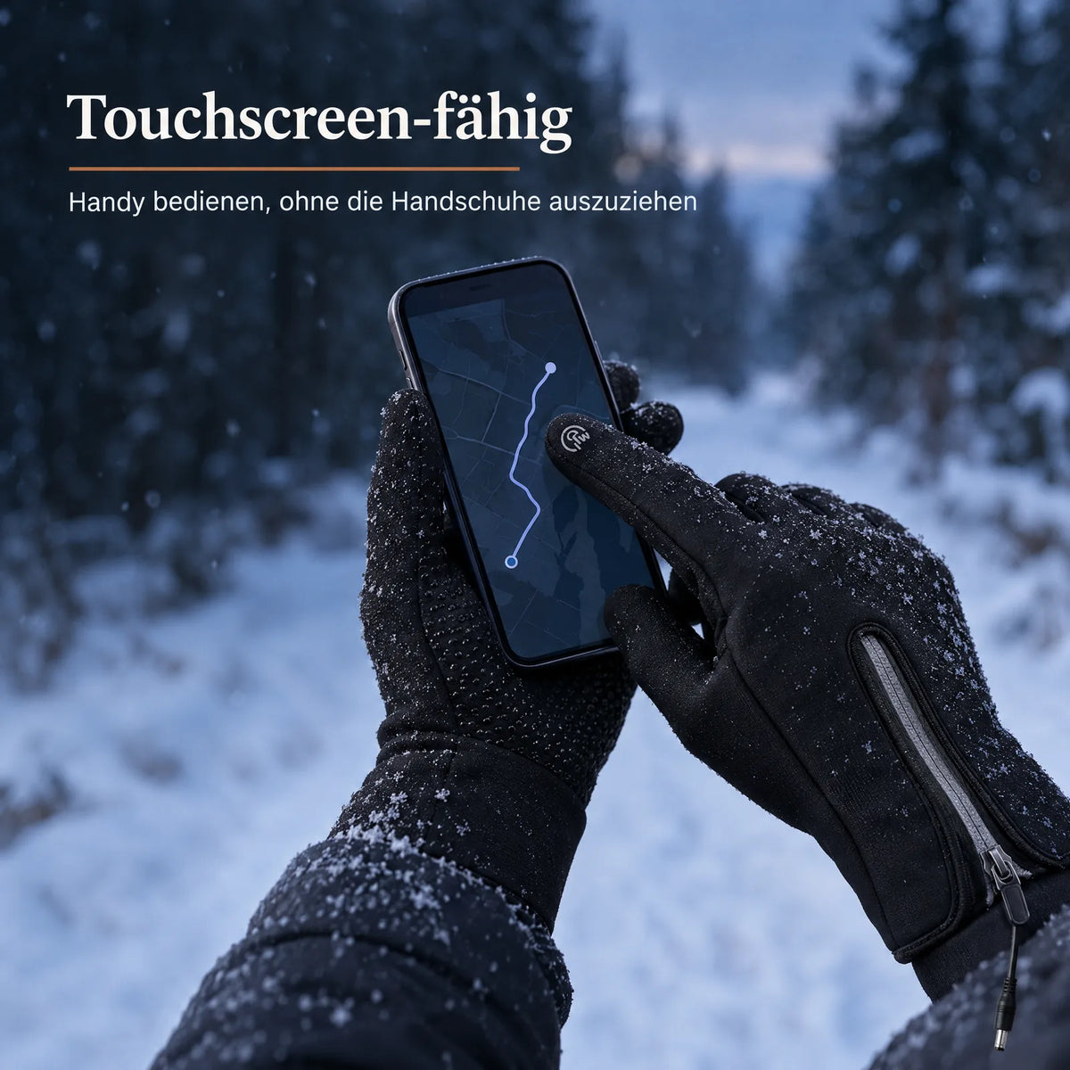 Mit den Handschuhen das Handy im verschneiten Wald bedienen