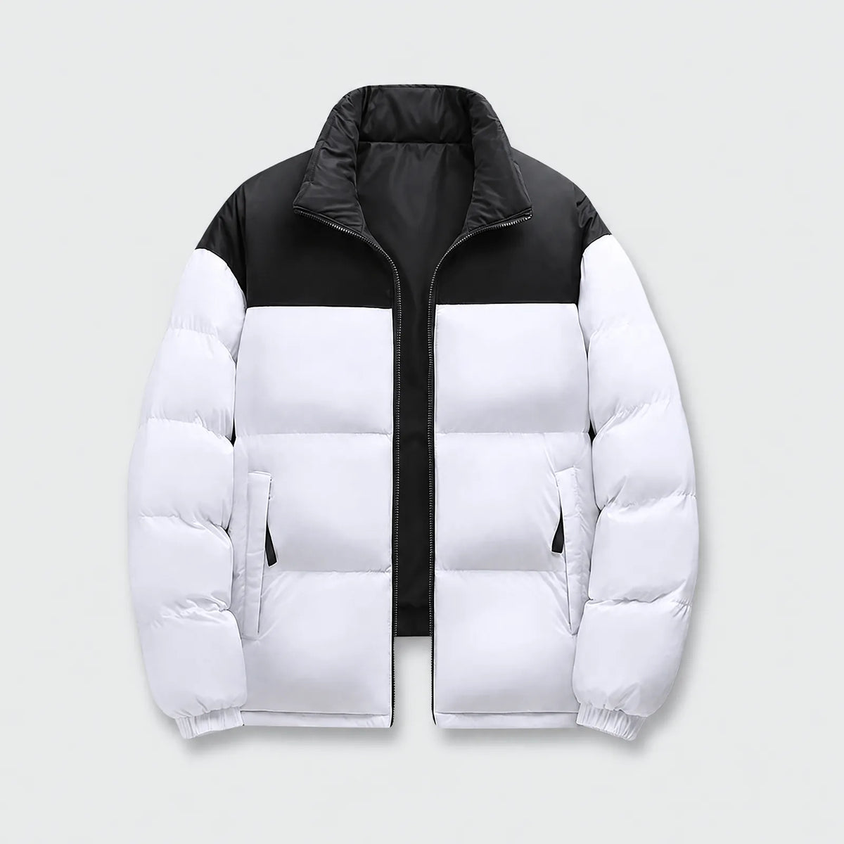 Alpenwarm beheizte Steppjacke in Weiß mit schwarzer Schulterpartie