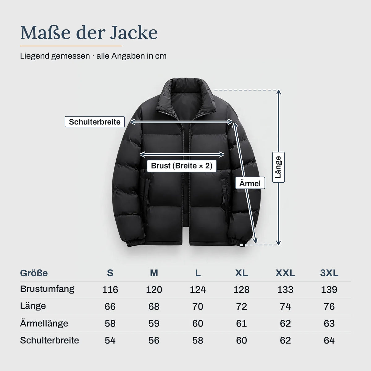 Maße der Jacke – Beheizte Steppjacke mit 6 Heizzonen