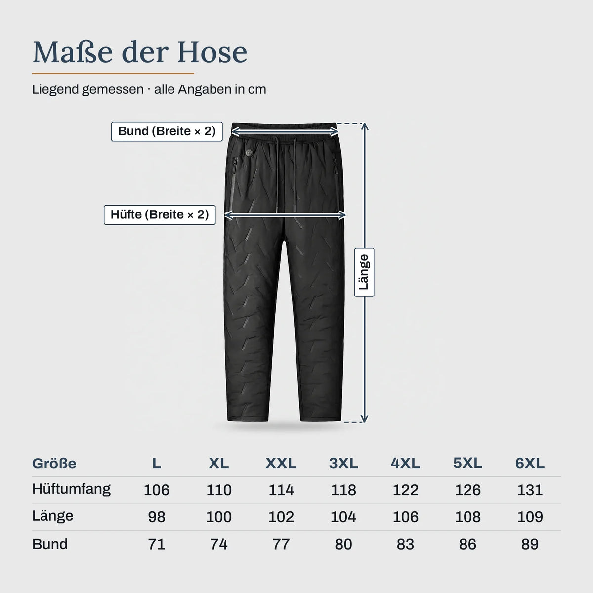 Maße der Hose – Beheizte Winterhose mit 10 Heizflächen