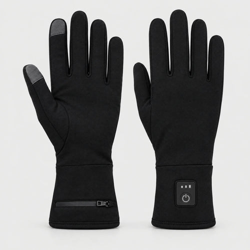 Dünne beheizte Handschuhe von Alpenwarm mit Touchscreen an Daumen und Zeigefinger, Akkufach und Knopf an der Stulpe