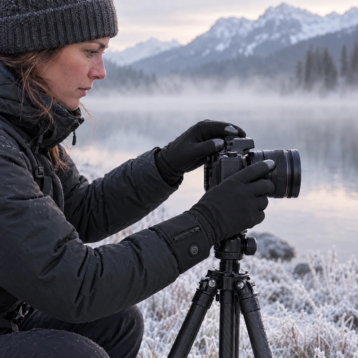 Fotografin stellt mit den dünnen beheizten Handschuhen ihre Kamera am Bergsee ein