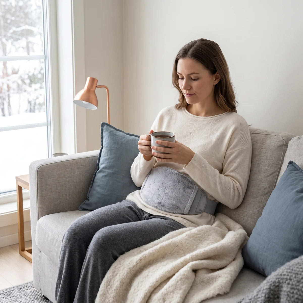 Frau auf dem Sofa mit Tee, der beheizte Bauchgurt liegt vorn am Unterbauch über dem Pullover