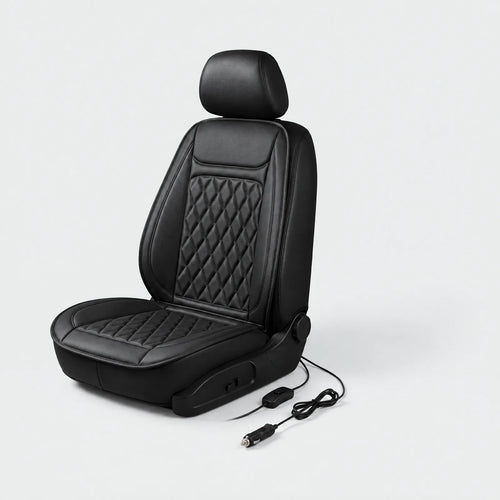 Alpenwarm beheizte Sitzauflage auf einem Autositz mit 12-V-Stecker und Schalter