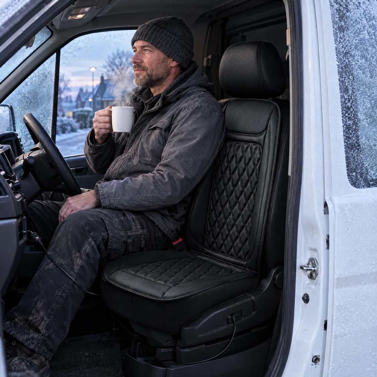 Handwerker mit Kaffee im Transporter am frostigen Morgen, auf dem Sitz die beheizte Sitzauflage