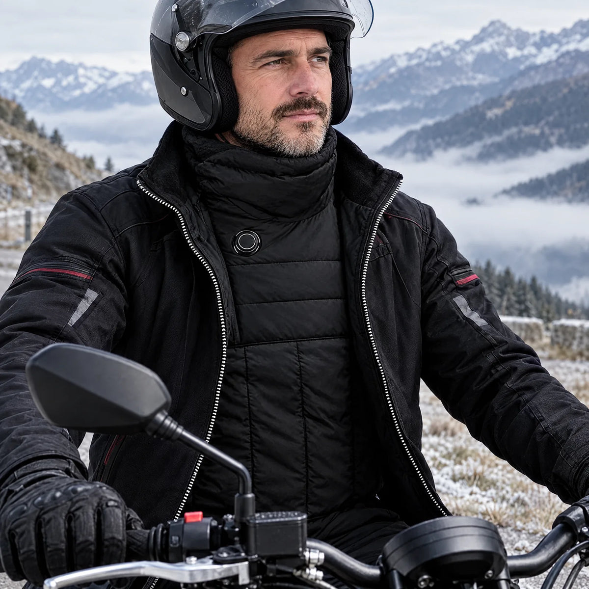 Motorradfahrer an einer Passstraße, den Hals- und Brustwärmer mit hochgestelltem Kragen unter der offenen Jacke