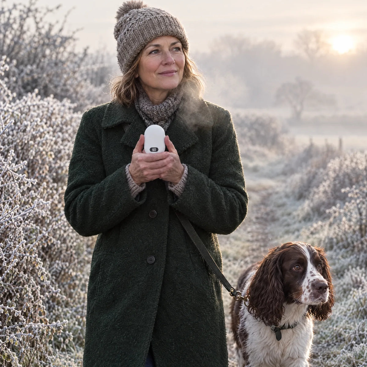 Frau mit Hund hält beim frostigen Morgenspaziergang den weißen Akku-Handwärmer