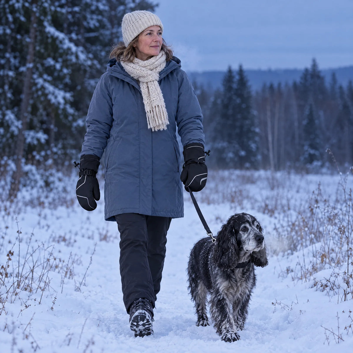 Frau mit den beheizten Fäustlingen beim Spaziergang mit ihrem Hund im Schnee